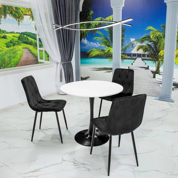 Set masa Innsbruck, DENVER, blat alb si picior negru cu 3 scaune Kobe negru, forma rotunda, 80x73 cm