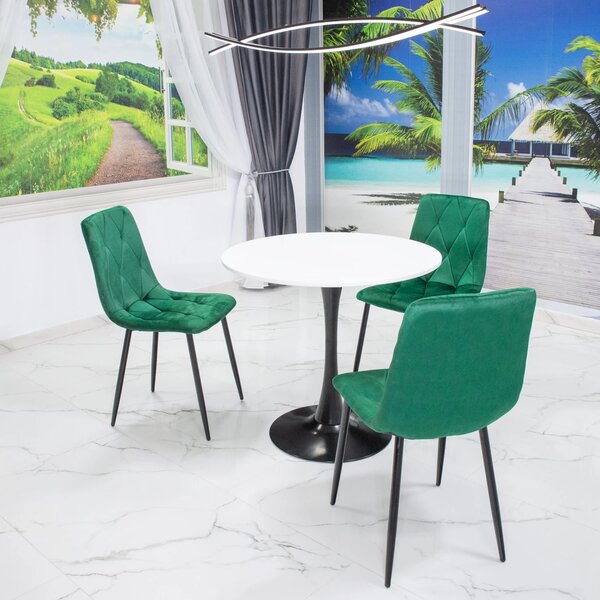 Set masa Innsbruck, DENVER, blat alb si picior negru cu 3 scaune Kobe verde, forma rotunda, 80x73 cm