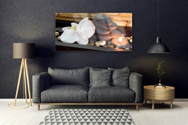Tablou pe sticla Flori Pietre Lumânare Art Alb Gri Portocaliu Maro