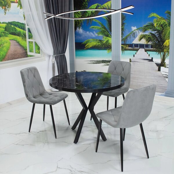 Set masa Hamburg Black Marble cu 3 scaune Kobe gri, DENVER, picioare metalice negre, forma rotunda, 90x73 cm