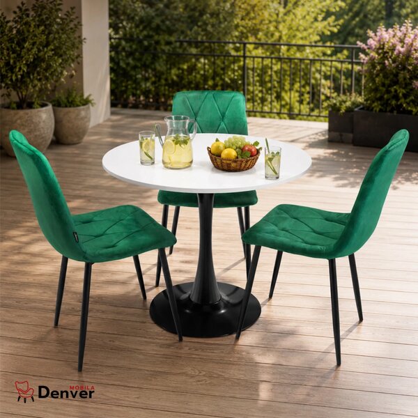 Set masa Innsbruck, DENVER, blat alb si picior negru cu 3 scaune Kobe verde, forma rotunda, 80x73 cm