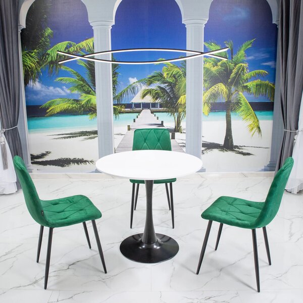 Set masa Innsbruck, DENVER, blat alb si picior negru cu 3 scaune Kobe verde, forma rotunda, 80x73 cm