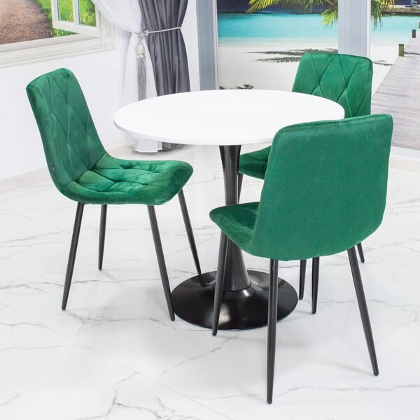 Set masa Innsbruck, DENVER, blat alb si picior negru cu 3 scaune Kobe verde, forma rotunda, 80x73 cm