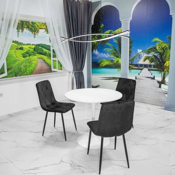 Set masa Innsbruck, DENVER, blat alb si picior alb cu 3 scaune Kobe negru, forma rotunda, 80x73 cm