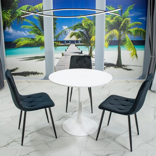 Set masa Innsbruck, DENVER, blat alb si picior alb cu 3 scaune Kobe negru, forma rotunda, 80x73 cm