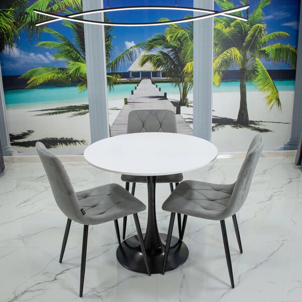 Set masa Innsbruck, DENVER, blat alb si picior negru cu 3 scaune Kobe gri, forma rotunda, 80x73 cm