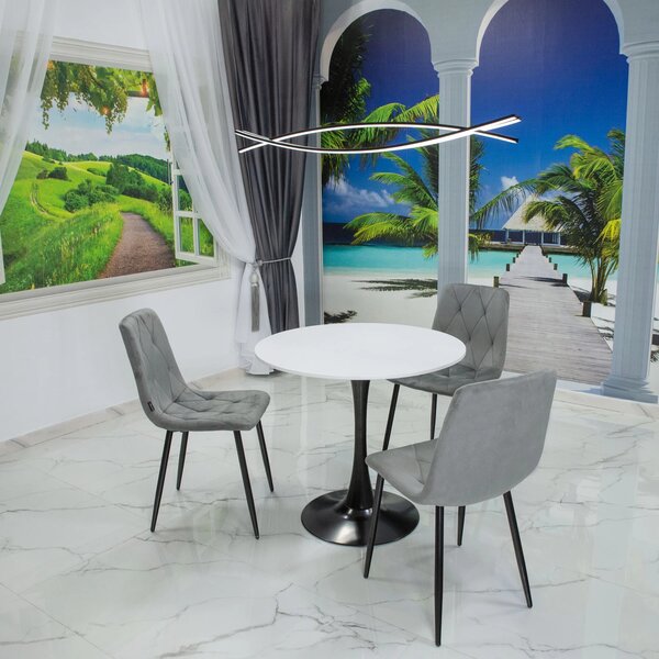 Set masa Innsbruck, DENVER, blat alb si picior negru cu 3 scaune Kobe gri, forma rotunda, 80x73 cm