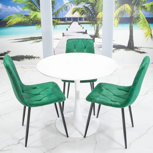 Set masa Innsbruck, DENVER, blat alb si picior alb cu 3 scaune Kobe verde, forma rotunda, 80x73 cm