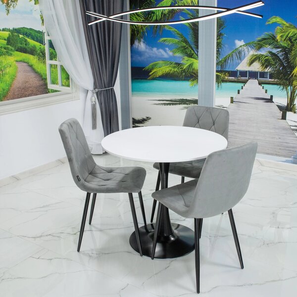 Set masa Innsbruck, DENVER, blat alb si picior negru cu 3 scaune Kobe gri, forma rotunda, 80x73 cm