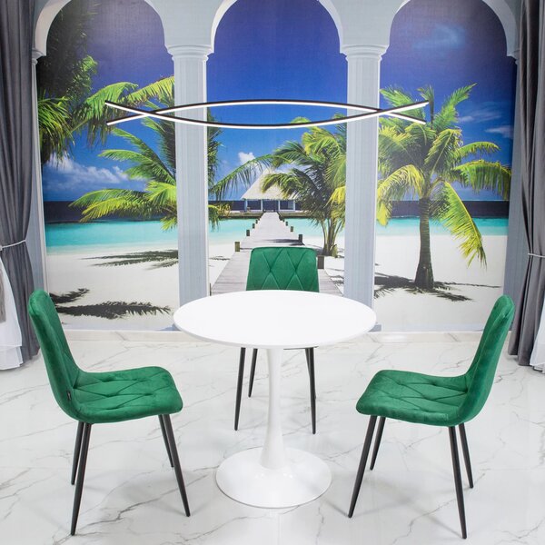 Set masa Innsbruck, DENVER, blat alb si picior alb cu 3 scaune Kobe verde, forma rotunda, 80x73 cm