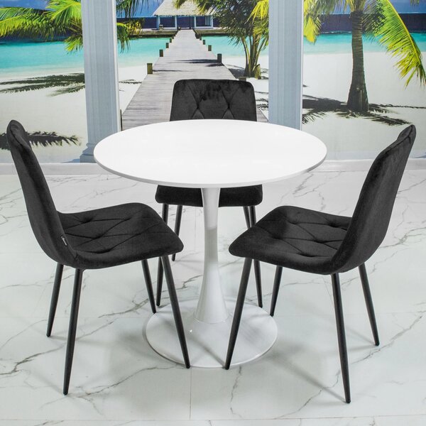Set masa Innsbruck, DENVER, blat alb si picior alb cu 3 scaune Kobe negru, forma rotunda, 80x73 cm