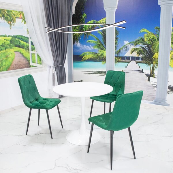 Set masa Innsbruck, DENVER, blat alb si picior alb cu 3 scaune Kobe verde, forma rotunda, 80x73 cm