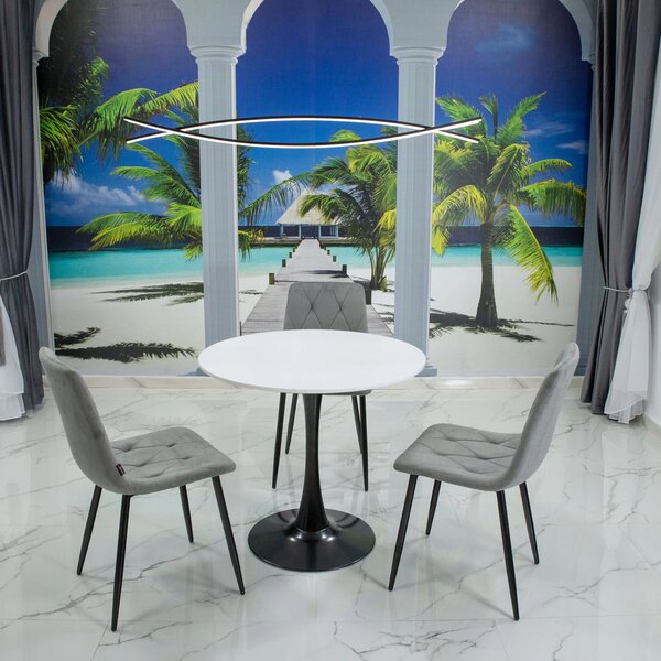 Set masa Innsbruck, DENVER, blat alb si picior negru cu 3 scaune Kobe gri, forma rotunda, 80x73 cm