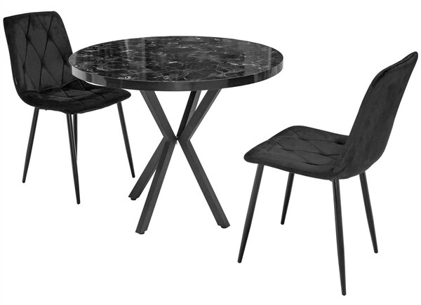 Set masa Hamburg Black Marble cu 2 scaune Kobe negru, DENVER, picioare metalice negre, forma rotunda, 90x73 cm