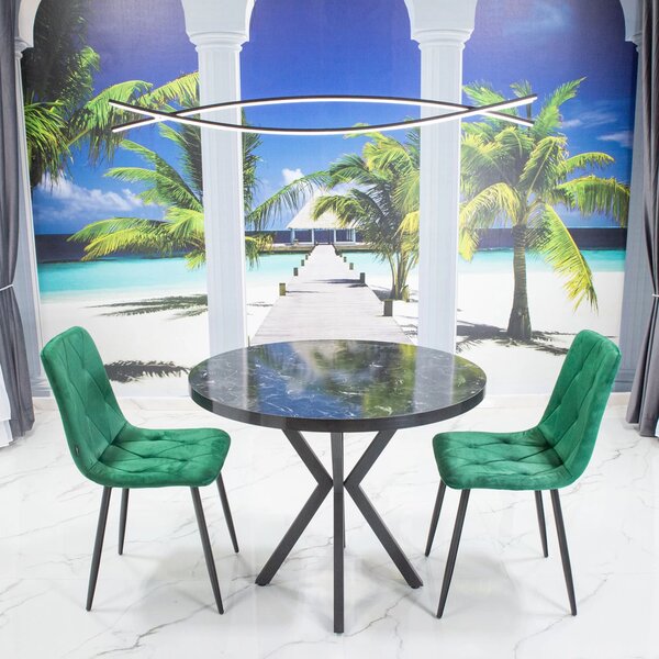Set masa Hamburg Black Marble cu 2 scaune Kobe verde, picioare metalice negre, forma rotunda, 90x73 cm