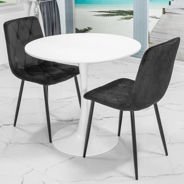 Set masa Innsbruck, DENVER, blat alb si picior alb cu 2 scaune Kobe negru, forma rotunda, 80x73 cm