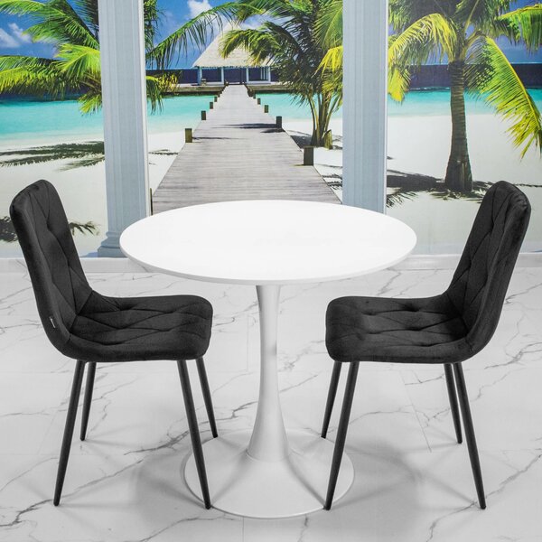 Set masa Innsbruck, DENVER, blat alb si picior alb cu 2 scaune Kobe negru, forma rotunda, 80x73 cm