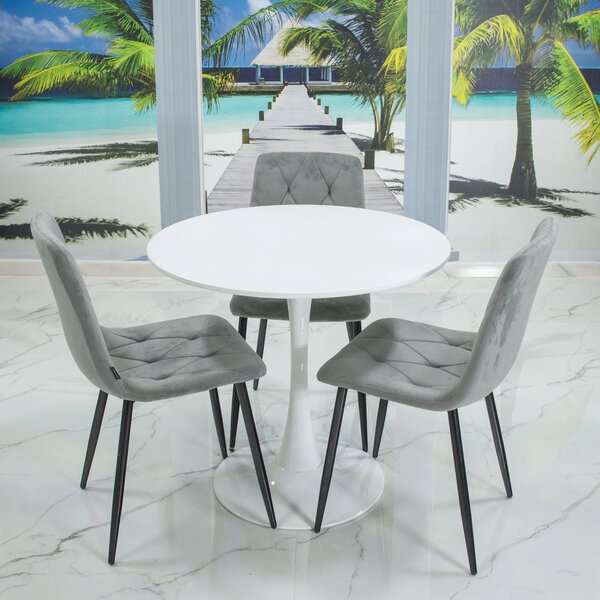 Set masa Innsbruck, DENVER, blat alb si picior alb cu 3 scaune Kobe gri, forma rotunda, 80x73 cm