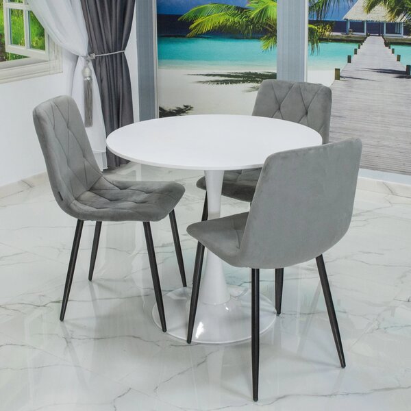 Set masa Innsbruck, DENVER, blat alb si picior alb cu 3 scaune Kobe gri, forma rotunda, 80x73 cm