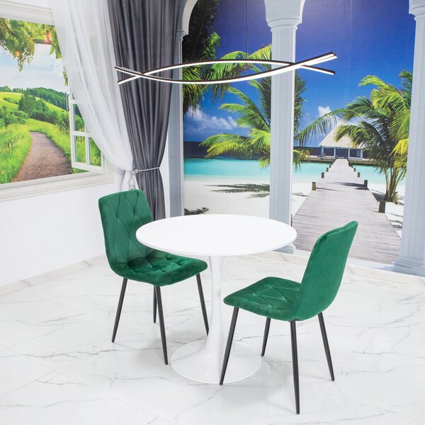 Set masa Innsbruck, DENVER, blat alb si picior alb cu 2 scaune Kobe verde, forma rotunda, 80x73 cm