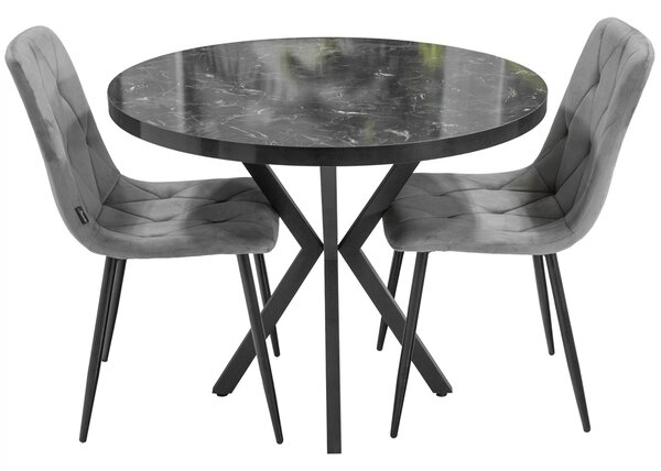 Set masa Hamburg Black Marble cu 2 scaune Kobe gri, DENVER, picioare metalice negre, forma rotunda, 90x73 cm