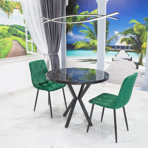 Set masa Hamburg Black Marble cu 2 scaune Kobe verde, picioare metalice negre, forma rotunda, 90x73 cm