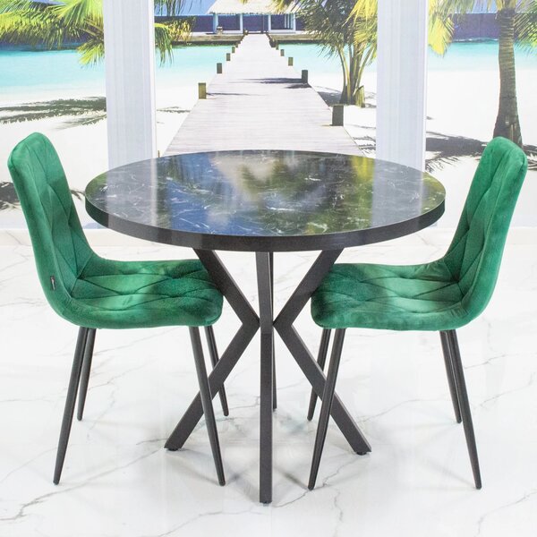 Set masa Hamburg Black Marble cu 2 scaune Kobe verde, picioare metalice negre, forma rotunda, 90x73 cm