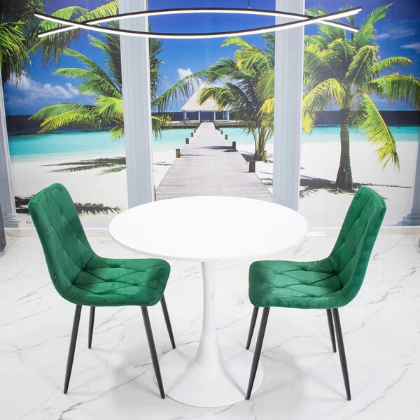 Set masa Innsbruck, DENVER, blat alb si picior alb cu 2 scaune Kobe verde, forma rotunda, 80x73 cm