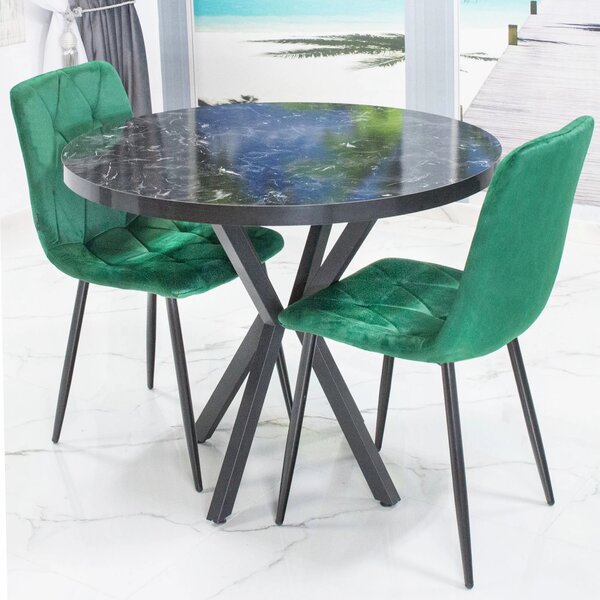 Set masa Hamburg Black Marble cu 2 scaune Kobe verde, picioare metalice negre, forma rotunda, 90x73 cm