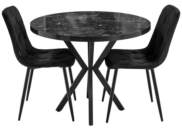 Set masa Hamburg Black Marble cu 2 scaune Kobe negru, DENVER, picioare metalice negre, forma rotunda, 90x73 cm