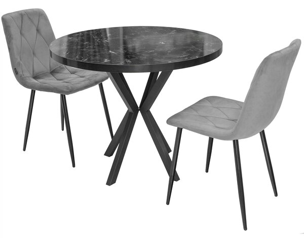 Set masa Hamburg Black Marble cu 2 scaune Kobe gri, DENVER, picioare metalice negre, forma rotunda, 90x73 cm