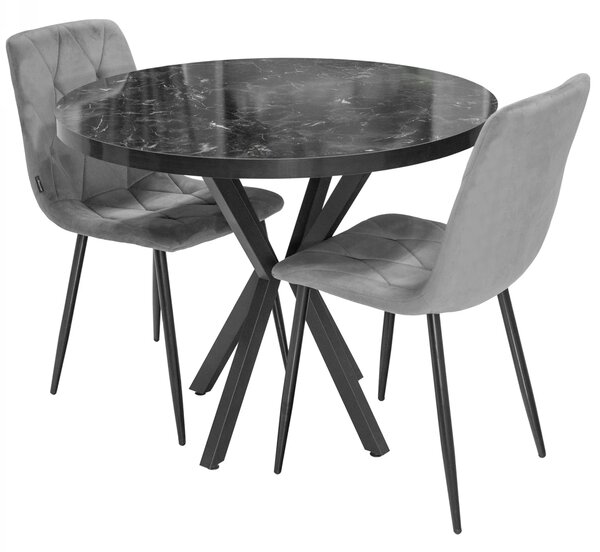 Set masa Hamburg Black Marble cu 2 scaune Kobe gri, DENVER, picioare metalice negre, forma rotunda, 90x73 cm