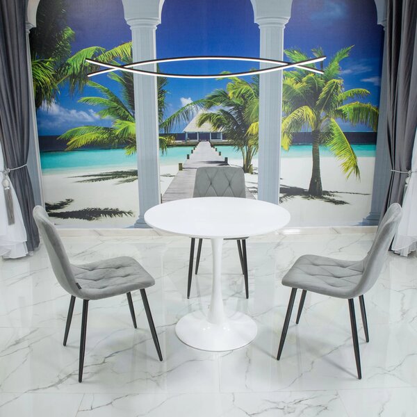 Set masa Innsbruck, DENVER, blat alb si picior alb cu 3 scaune Kobe gri, forma rotunda, 80x73 cm