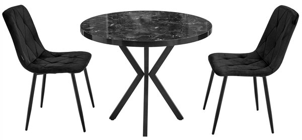Set masa Hamburg Black Marble cu 2 scaune Kobe negru, DENVER, picioare metalice negre, forma rotunda, 90x73 cm