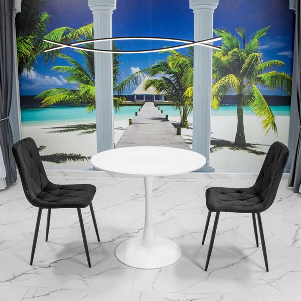 Set masa Innsbruck, DENVER, blat alb si picior alb cu 2 scaune Kobe negru, forma rotunda, 80x73 cm