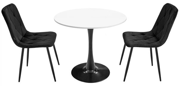 Set masa Innsbruck, DENVER, blat alb si picior negru cu 2 scaune Kobe negru, forma rotunda, 80x73 cm