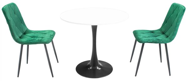 Set masa Innsbruck, DENVER, blat alb si picior negru cu 2 scaune Kobe verde, forma rotunda, 80x73 cm
