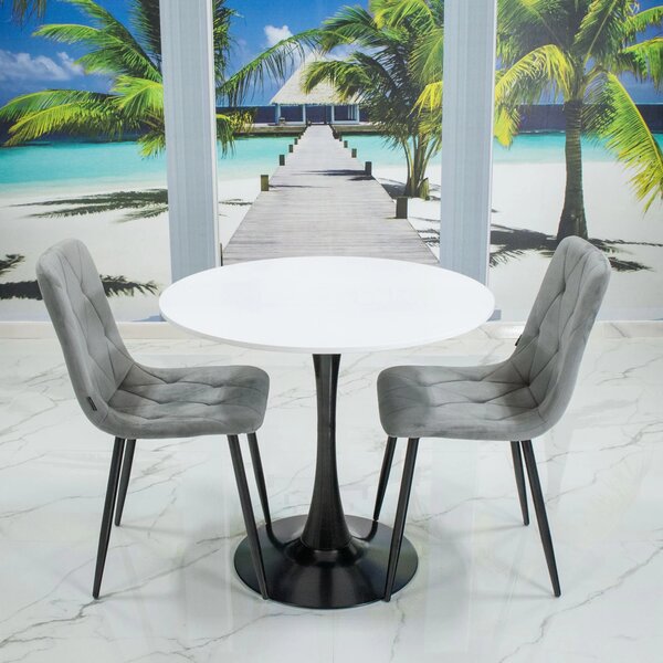 Set masa Innsbruck, DENVER, blat alb si picior negru cu 2 scaune Kobe gri, forma rotunda, 80x73 cm
