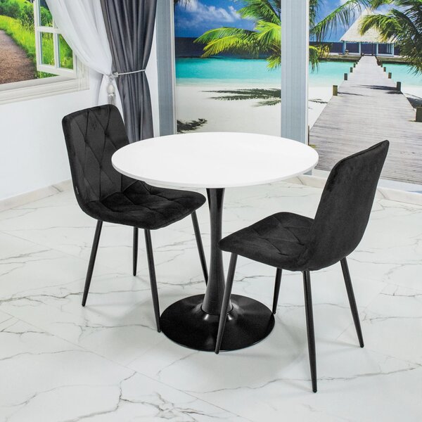 Set masa Innsbruck, DENVER, blat alb si picior negru cu 2 scaune Kobe negru, forma rotunda, 80x73 cm