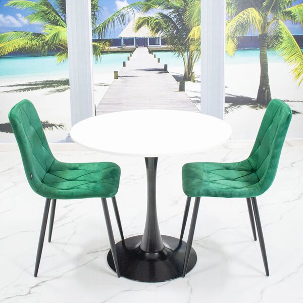 Set masa Innsbruck, DENVER, blat alb si picior negru cu 2 scaune Kobe verde, forma rotunda, 80x73 cm