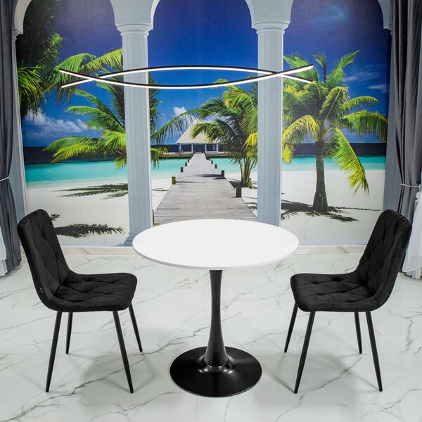 Set masa Innsbruck, DENVER, blat alb si picior negru cu 2 scaune Kobe negru, forma rotunda, 80x73 cm