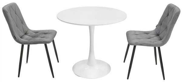 Set masa Innsbruck, DENVER, blat alb si picior alb cu 2 scaune Kobe gri, forma rotunda, 80x73 cm