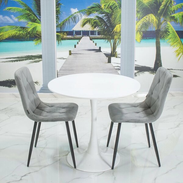 Set masa Innsbruck, DENVER, blat alb si picior alb cu 2 scaune Kobe gri, forma rotunda, 80x73 cm