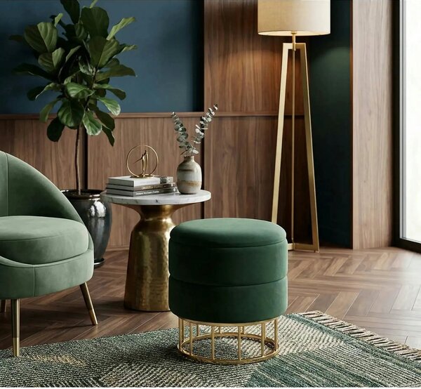 Taburet MINTY, stofa catifelata, verde inchis, cu spatiu de depozitare