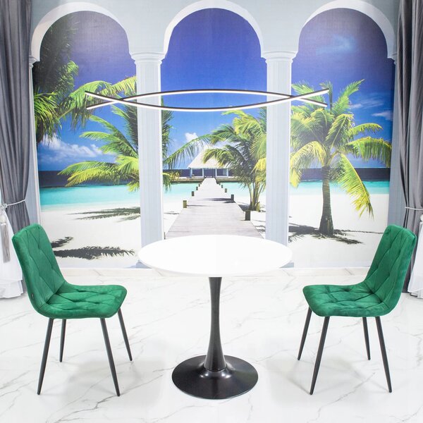 Set masa Innsbruck, DENVER, blat alb si picior negru cu 2 scaune Kobe verde, forma rotunda, 80x73 cm