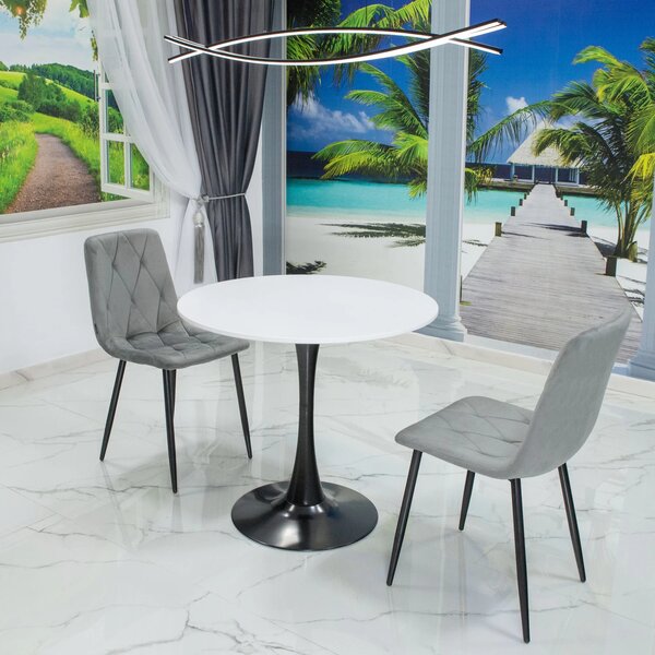 Set masa Innsbruck, DENVER, blat alb si picior negru cu 2 scaune Kobe gri, forma rotunda, 80x73 cm