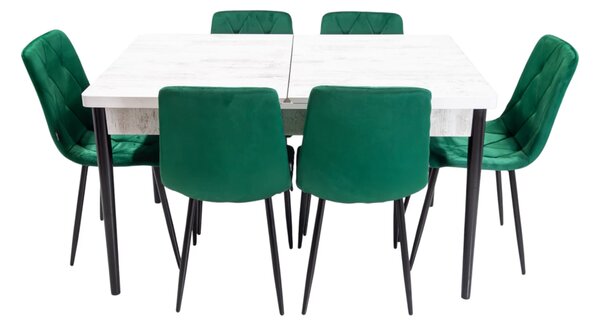 Set masa extensibila Napoli Pin antichizat cu 6 scaune Kobe verde, DENVER, picioare vopsite negru, 130x80x76 cm