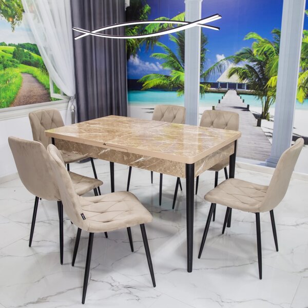 Set masa extensibila Napoli Royal Beige cu 6 scaune Kobe bej, DENVER, picioare vopsite negru, 130x80x76 cm