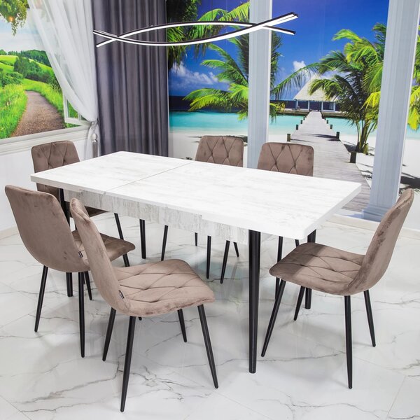 Set masa extensibila Napoli Pin antichizat cu 6 scaune Kobe maro, DENVER, picioare vopsite negru, 130x80x76 cm