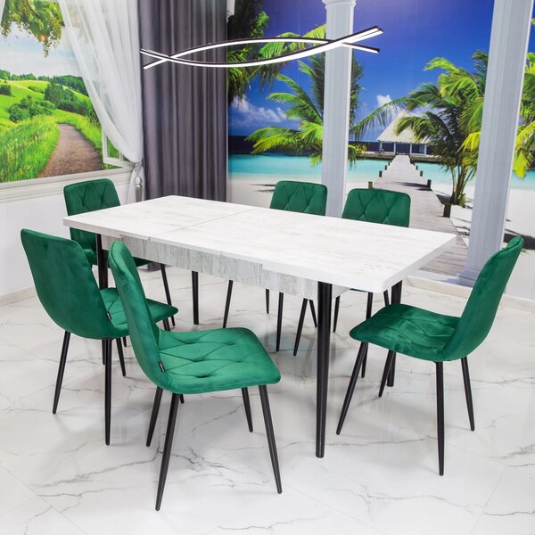 Set masa extensibila Napoli Pin antichizat cu 6 scaune Kobe verde, DENVER, picioare vopsite negru, 130x80x76 cm